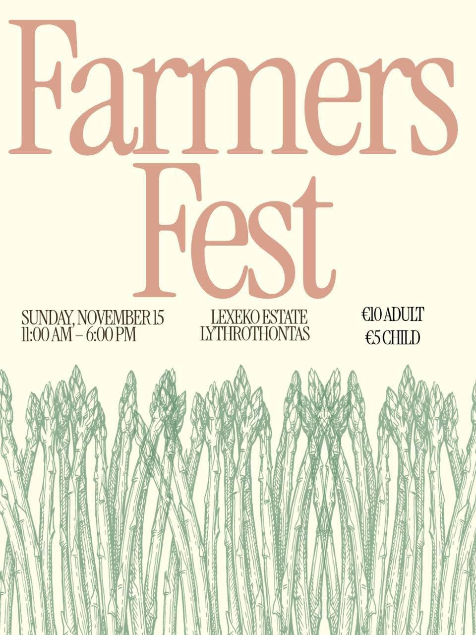 Poster for Lexeko Farmers Fest, Sunday 15 November, €10 adults and €5 children